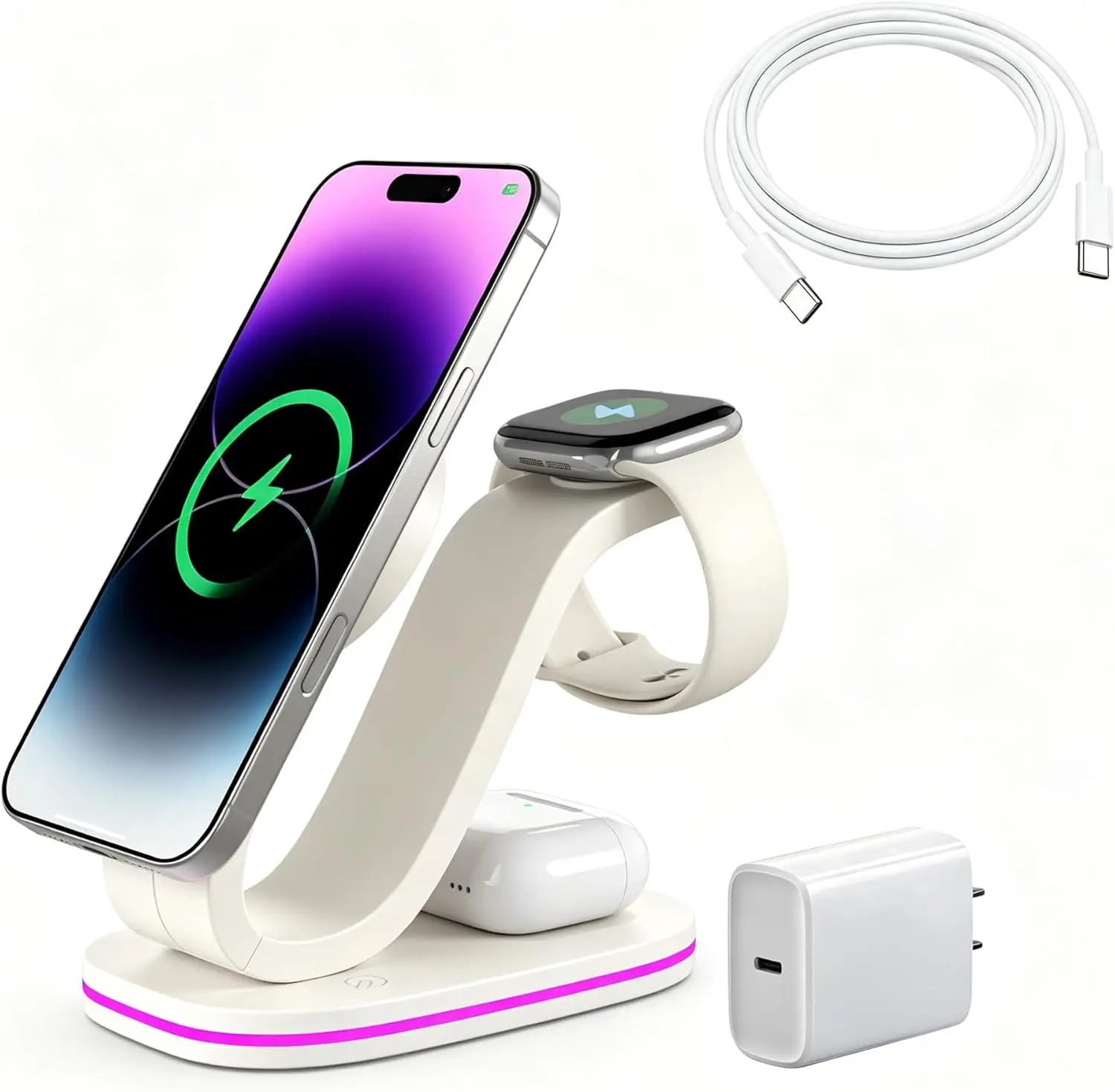 

3-in-1 Fast 15W Wireless Charging Station for iPhone 17 16e 16 15 14 13 12 11 X Pro Max, Apple Watch, AirPods, 35W Adapter Included, White