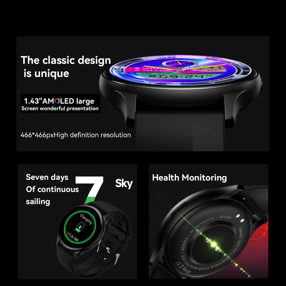 2025 Men Blue Tooth Call 1.43" AMOLED Lady Smart Watch Heartrate Voice Assistant Fitness Sports Waterproof NFC Women Smartwatch