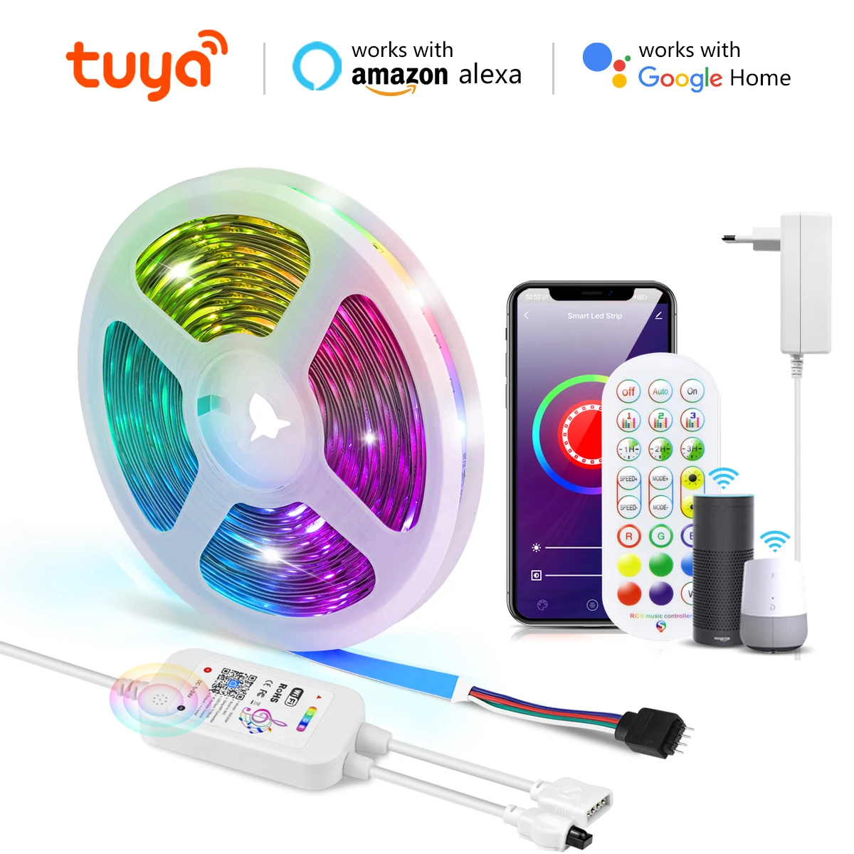 

Светодиодная лента Tuya Smart Life с Wi-Fi, RGB светильник 12 В постоянного тока, 5050, Bluetooth, Светодиодная лента для работы с Alexa,Google Home, 5 м, 10 м, 15 м, 20 м