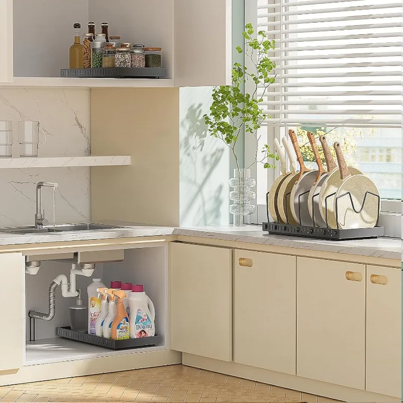 Pull-out Pots and Pans Organizer 2 Pack - Under Cabinet Pot Lid Holder for Kitchen - Bakeware & Dishes Storage Rack