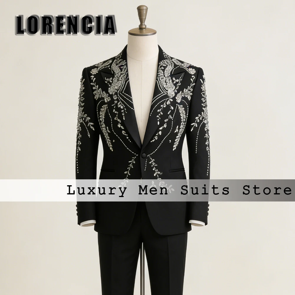 

Slim fit Diamond Suits for Male 2 Pieces Rhinestone Prom Outfits Evening Party Tuxedos Customized Blazer Pants trajes de novio