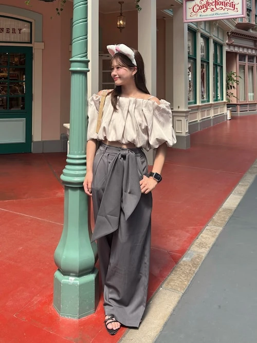 Sweet Shoulder Bared Top Chico Japanese Style Short Length Bubble Sleeve Pure Color Commute Customization Service