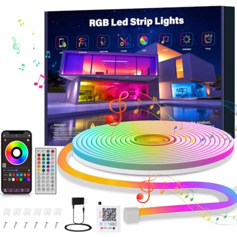 10Feet Rgb Led Neon Rope Lights with Remote App Control, IP65 Waterproof Neon Strip Lights for Outdoor, DIY Design Flexible Led