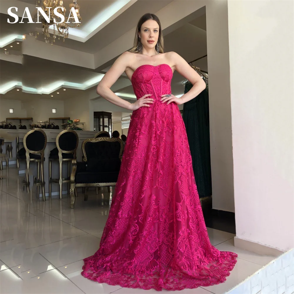 

Sansa Sexy Strapless Prom Dress Luxury Lace Embroid A-line Vestidos De Noche Fuchsia Floor Lenght فساتين سهره فاخره 2023