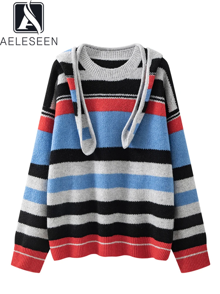 AELESEEN Women Casual Loose Knitter Sweater With Hat Autumn Winter Colorful Striped Printed Long High Street Sweety Top