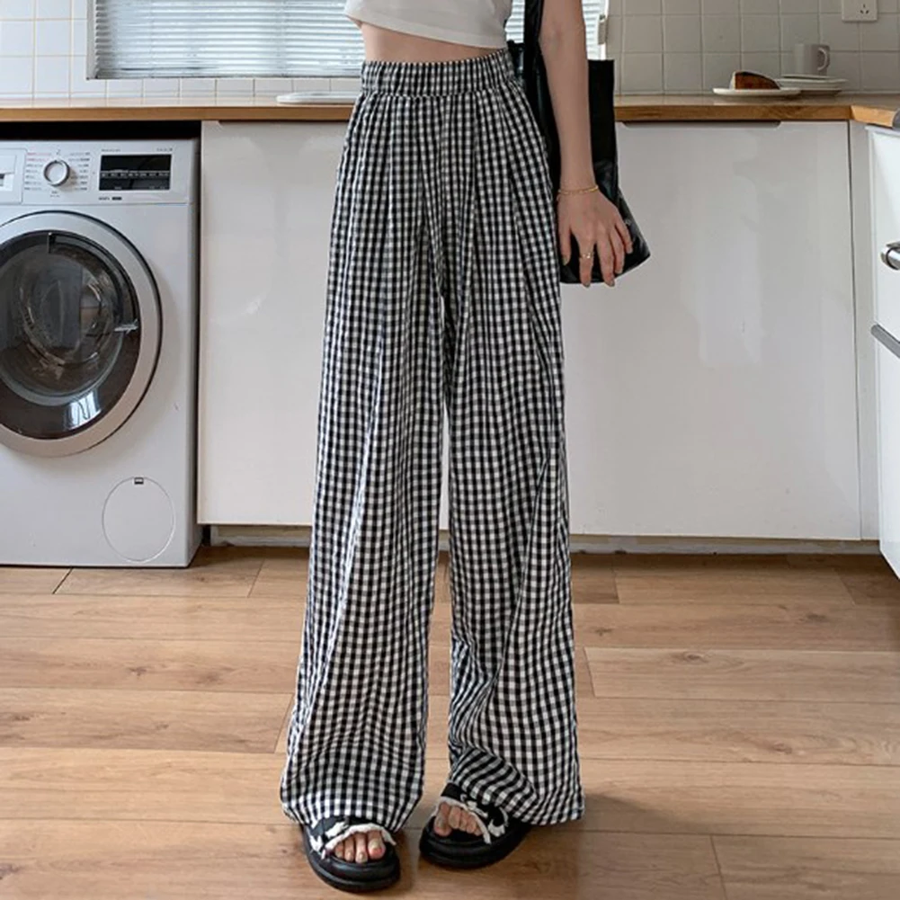 High-rise Straight Trousers Wide-leg Casual Pants Stylish Plaid Fashion All Seasons Trousers Everyday Casual Wide-leg Pants