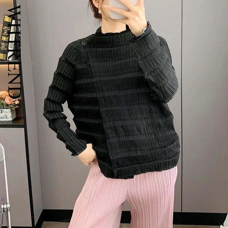 

WHTREND Black Pleated Shirts Women Stand Collar Long Sleeves Button Fashion Versatile Handmade Niche Fold Shirt Autumn WH1133