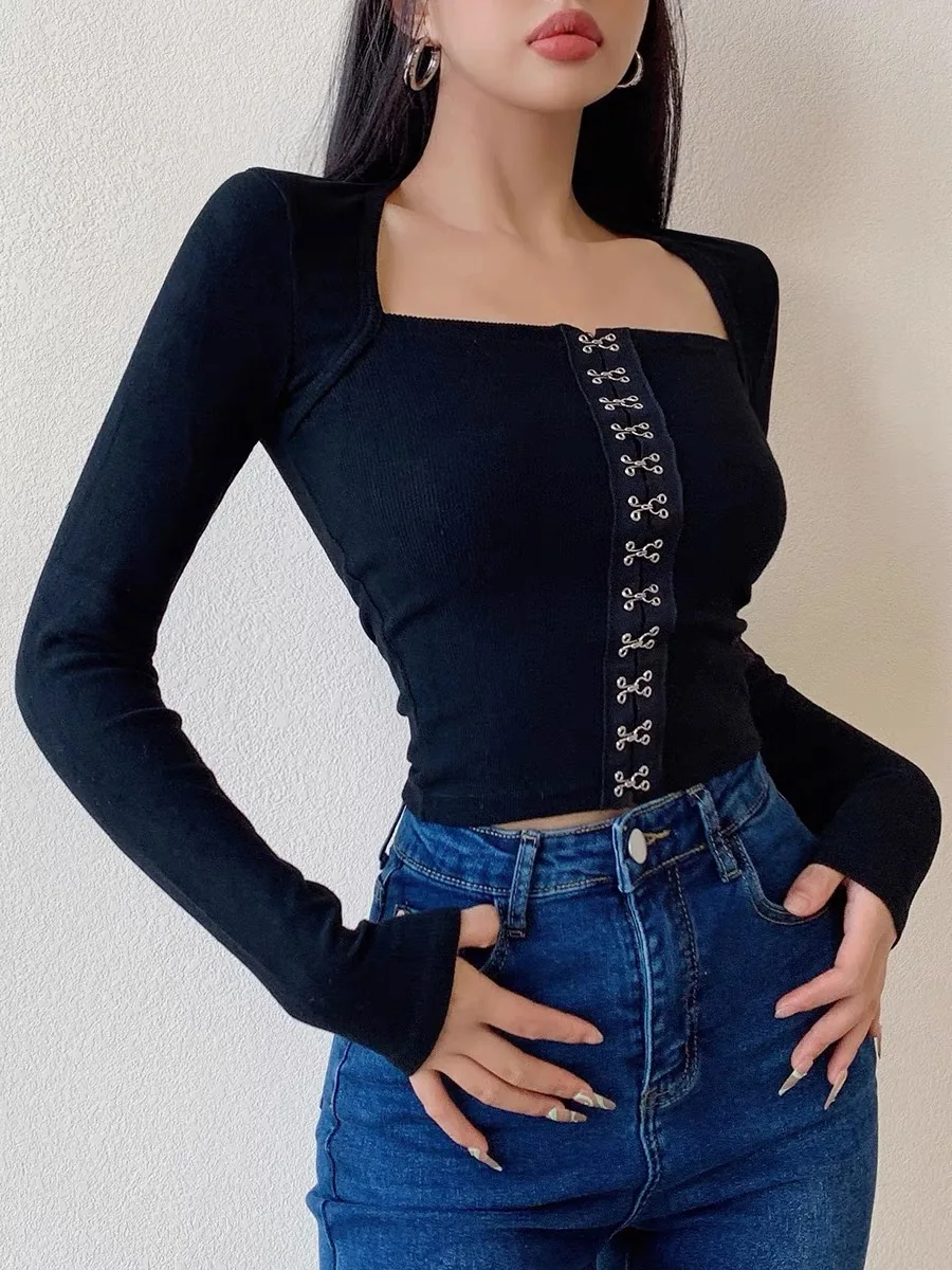 Y2K Women Square Neck Hook And Eye Rib Corset Long Sleeve T-shirt  Crop Tops Tight Tee