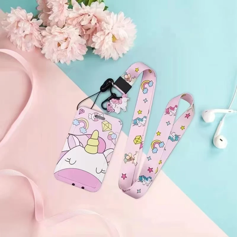 Linda funda con cordón de unicornio para identificación, Soporte para tarjeta, funda para teléfono móvil, funda de crédito bancaria, correa para el cuello para niñas, estudiantes adolescentes