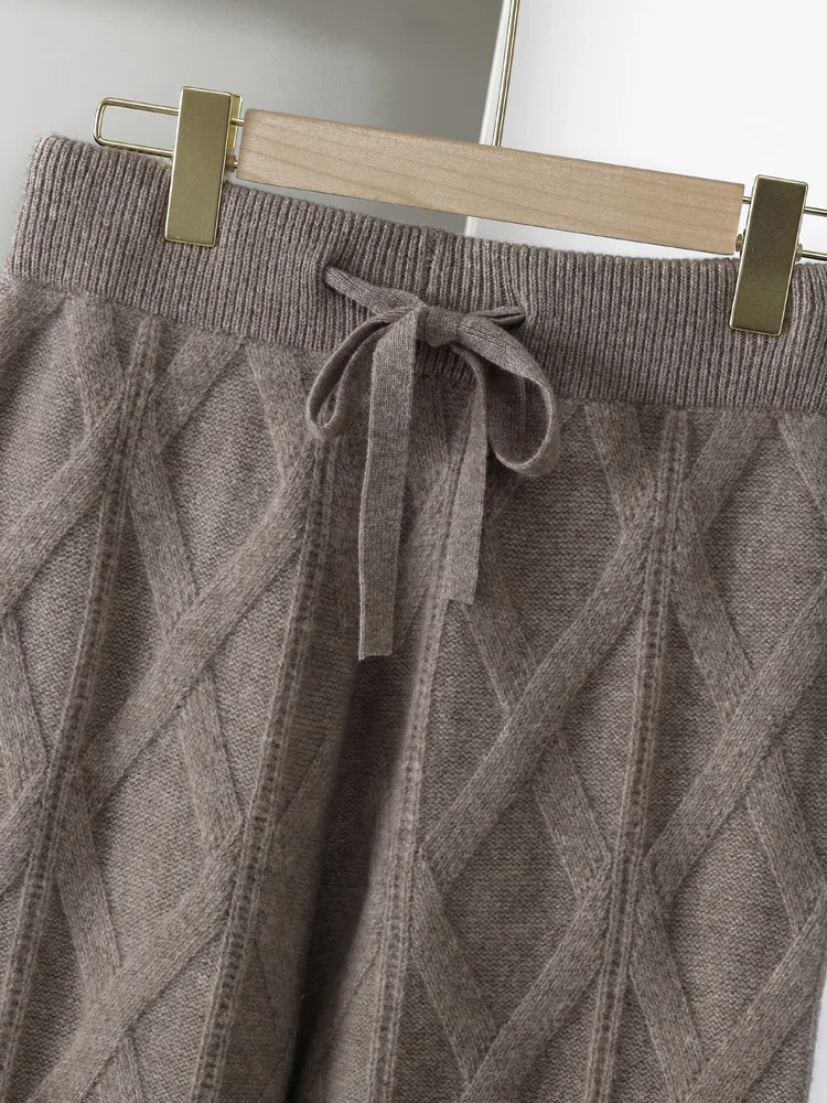 

Women Wide Leg Pants 100% Merino Wool Shifting Needle jacquard elastic waistband design Trousers Autumn Winter Thick Warm Pants