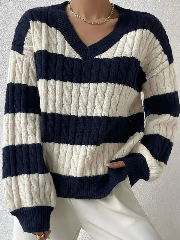 

Women's Faionable Stripe Knitted Sweater Color Blo Long Sve V-Ne Warm Autumn Winter Casual Wear Versatile Striped Kn...