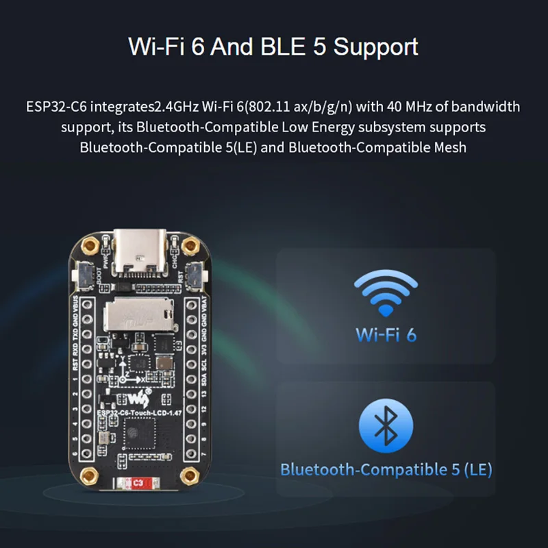 ESP32-C6 1.47 Inch Display Development Board 160MHz RISC-V Processor 262K Color 172x320 Touch Screen Supports WiFi 6 & BLE 5