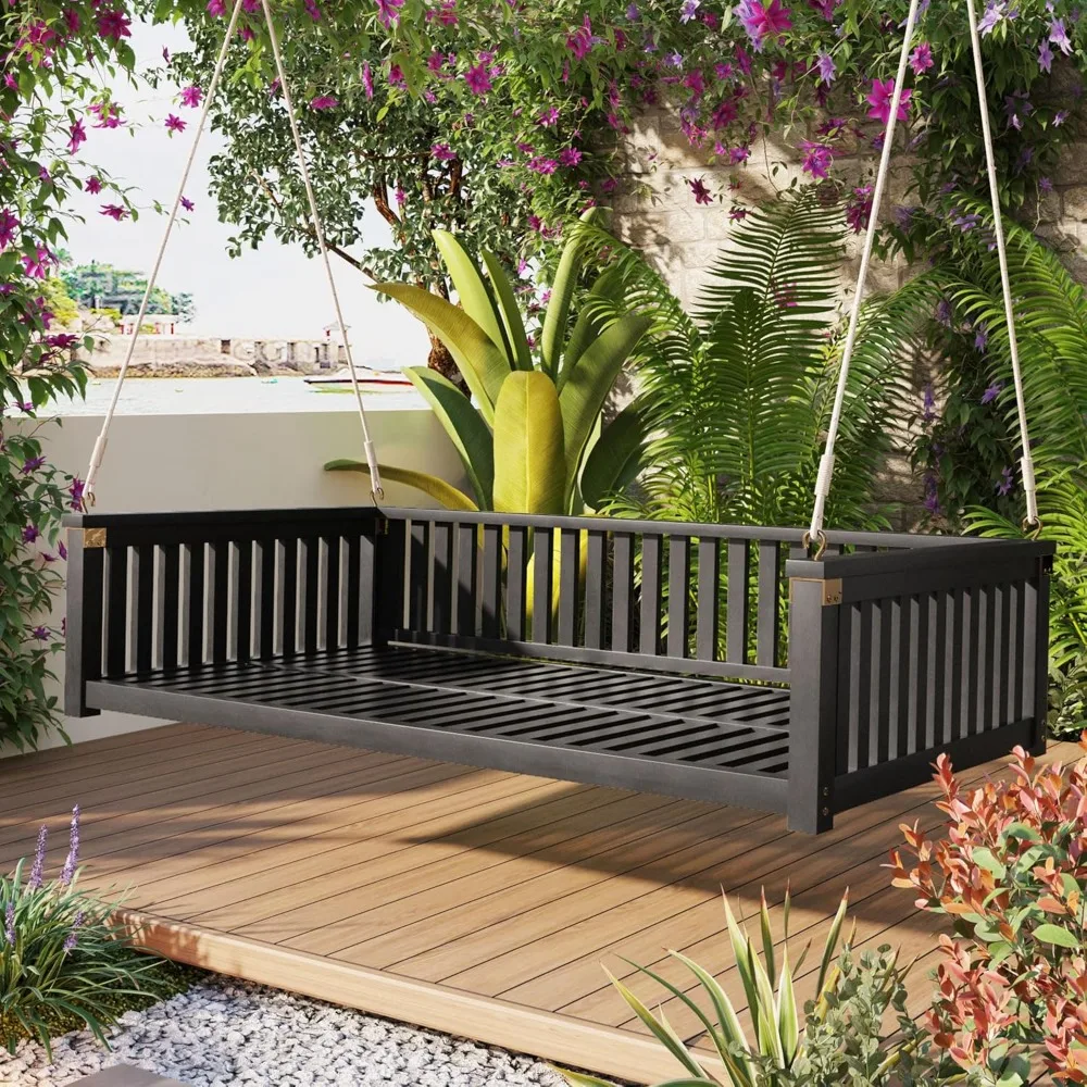 

Patio Twin Size Garden Swing Bed Wooden Porch Swing with Ropes and Safe Sloped Design for Garden and Backyard Black Patio Swings