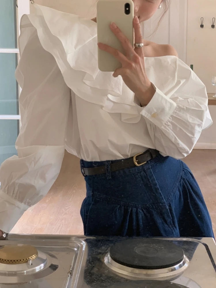 Colorfaith BL9893 New 2023 Skew Collar Shirts Ruffle Vintage Off Shoulder French Style Elegant Women Spring Summer Blouses Tops