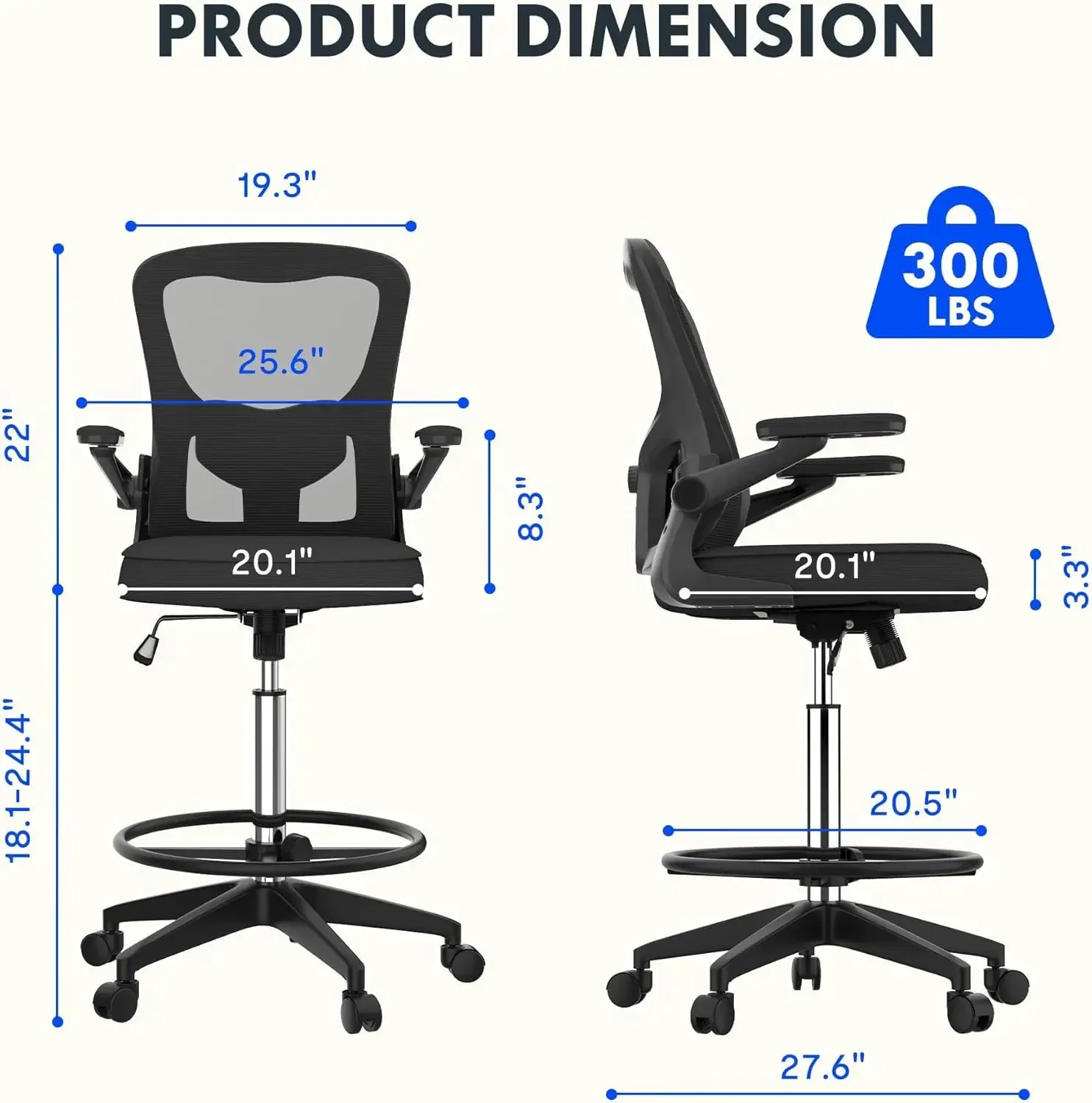 TC1 Big and Tall Mesh Office Drafting Chair,Comfortable Standing Desks with 2D Adjustable Lumbar Support and 3D Flip-Up Armrests