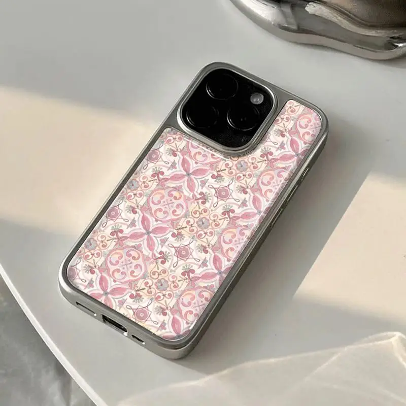 Rosa Zerbrochene Muster Silber-Rand Epoxy Handyhülle TPU Sturzsicher Für iPhone XR/11/12/13/14/15/16/17 Pro Max