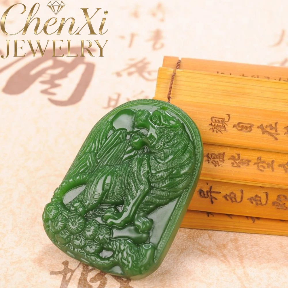 Natural Hetian Spinach Green Jasper Tiger Pendant Zodiac Talisman Neck Accessory Fine Jewelry Gift For Daily Matching Exquisite