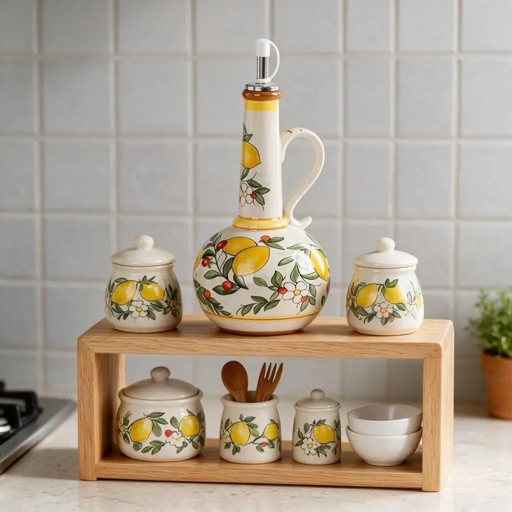 Vinegar Can European-style Olive Oil Dispenser Ceramic Under-glazed Oil Pot Refillable with Dust Lid Soy Sauce Bottle Salad