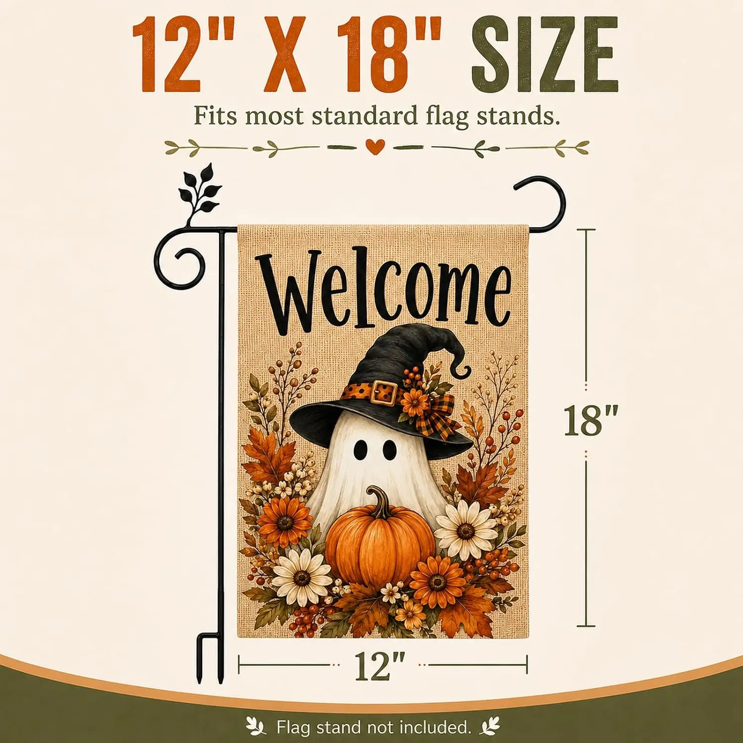Welcome Halloween Garden Flag 12x18 Witch Hat Ghost Pumpkin Decor | Linen 12x18 double sided flag with witch hat ghost, pump xxl