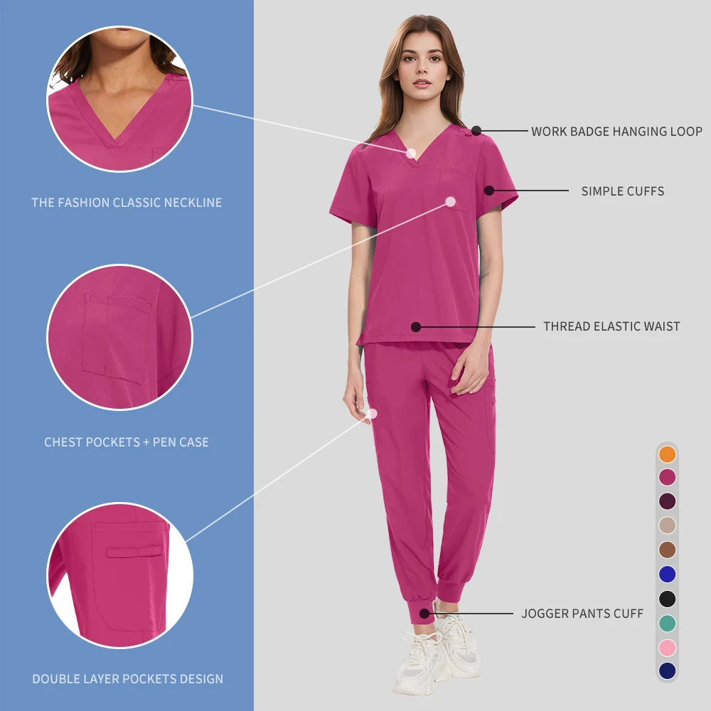 Multicolour Jogger Suit Nurse Accessories Scrubs Set Clinical Work Clothes Doctor Nursing Uniforms Short Sleeve V-neck Tops Pant