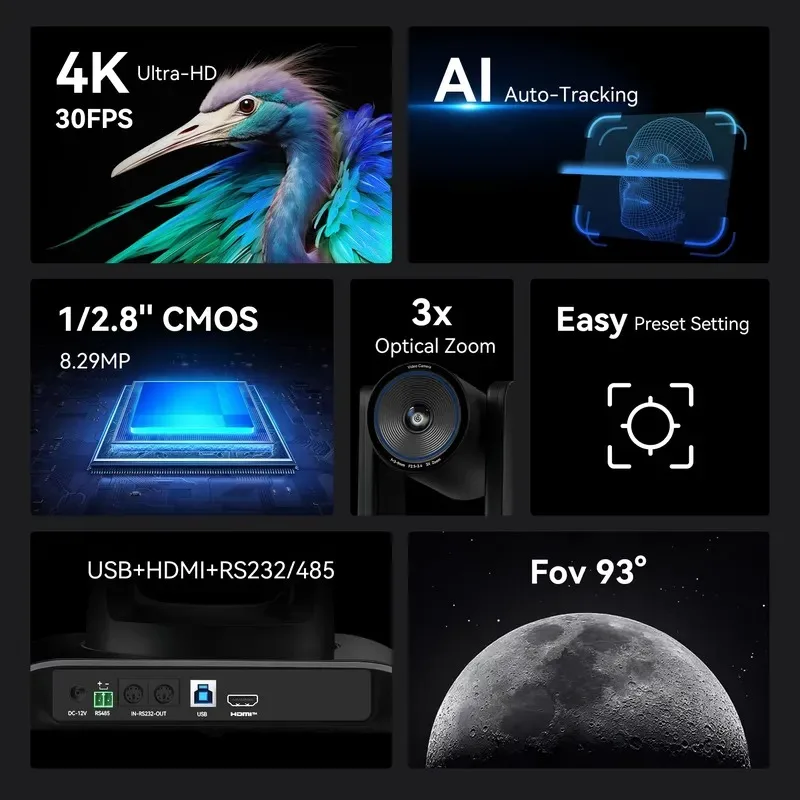 Hot Sale Tenveo 4K AI Auto Tracking PTZ Conference Camera, 3X Optical Zoom, 92° Wide View Angle, USB 3.0 & Conference