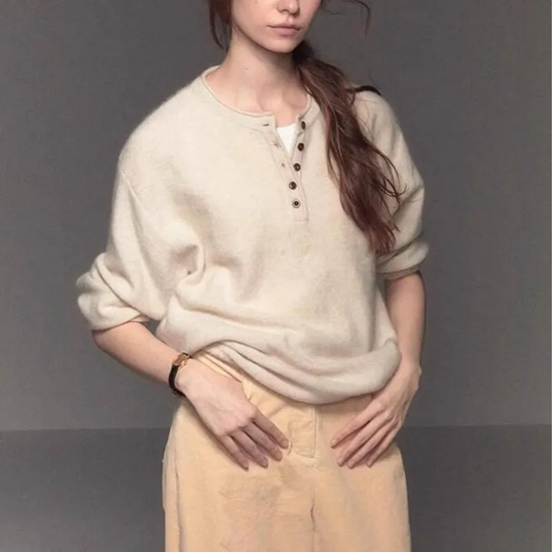 

Autumn and Winter New 100% Wool O-neck Pullover Women's Casual Solid Color Knitted Sweater Loose Korean Fashion Women's Top