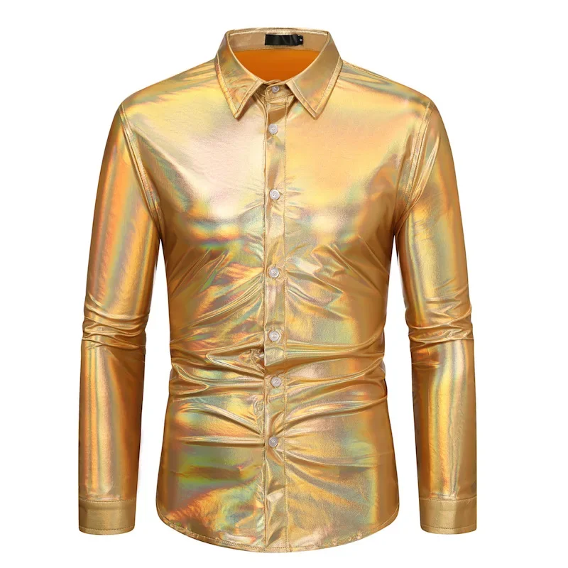 

Mens Shiny Gold Metallic Sequin Glitter Shirts Hipster Slim Fit Button Up Dress Shirt Men Club Rock Hip Hop Disco Party Clothing