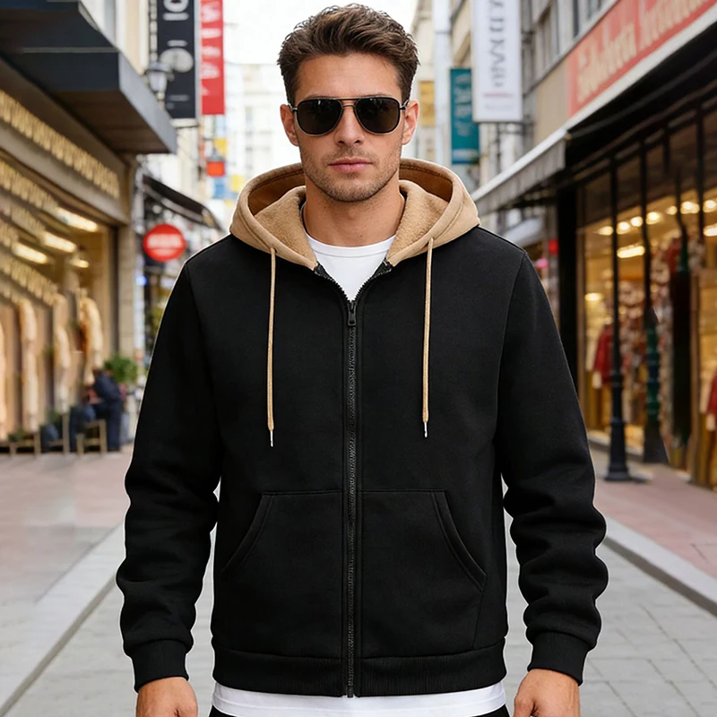 

Men's Color Block Fleece Lined Zip Up Hoodie Long Sleeve Casual Warm Hooded Sweatshirt With Kangaroo Pockets For Fall Winte