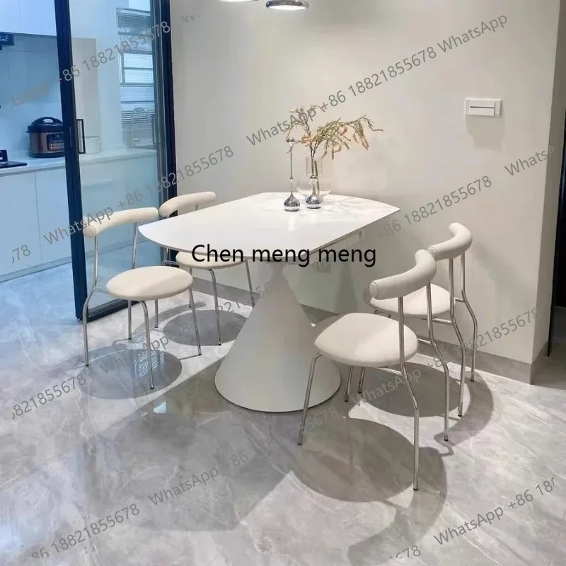 E136  Cream wind pure white matte rock slab dining table rotating telescopic folding small apartment dining table