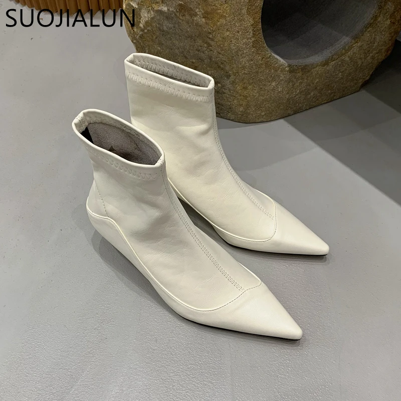 SUOJIALUN Winter New Thin Low Heel Women Ankle Boots Fashion Pointed Toe Slip On Chelsea Boots Shoes Soft Leather Short Boots