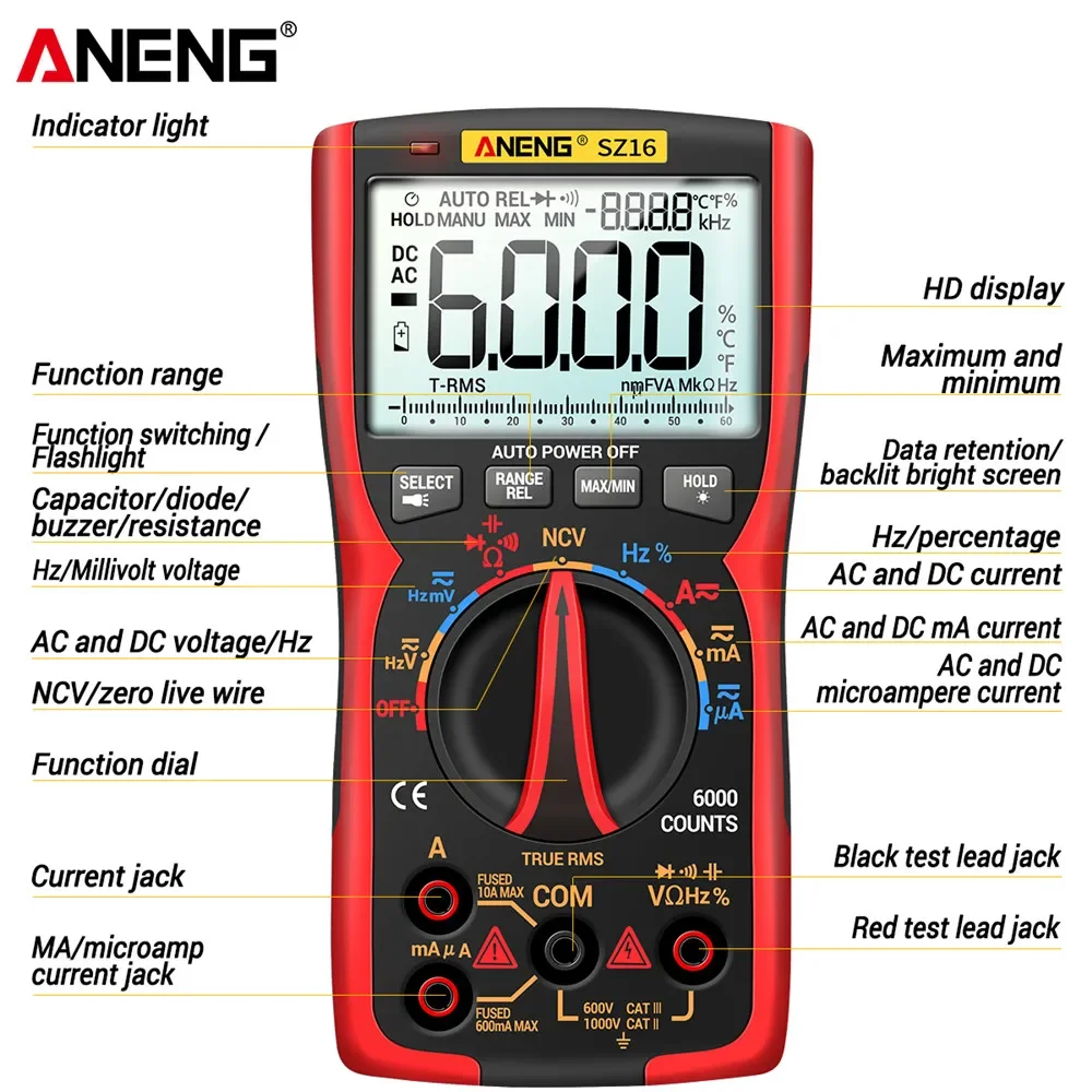 Imagem -03 - Aneng Sz16 Multimetro Digital Profesional Analogico Eletricista Inteligente Voltimetro Amperimetro Digital Ferramentas Elétricas Alicate Amperimetro Capacimetro Digital Multímetros Multimeter Veiper Eletronico