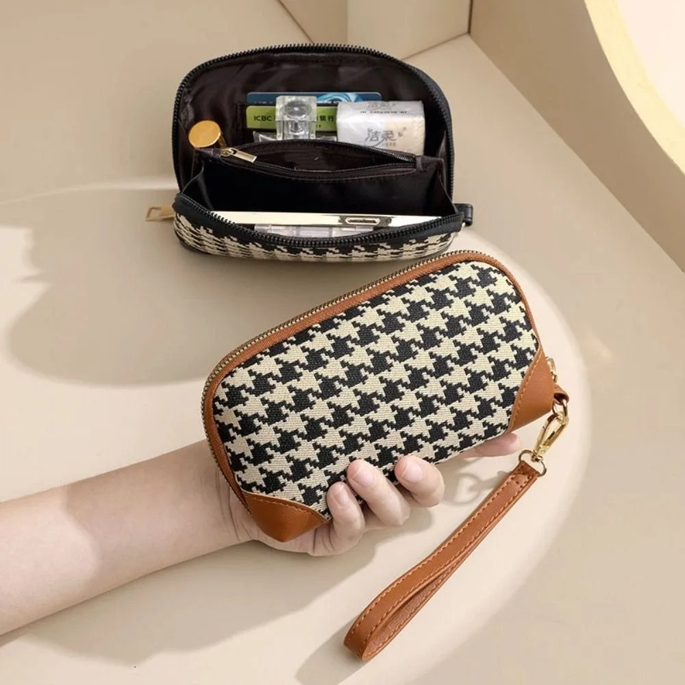 Simple Pu Leather Long Style Wallet Canvas Printing Houndstooth Zipper Purse Money Clip Car Key Bag Square Change Purse Girls