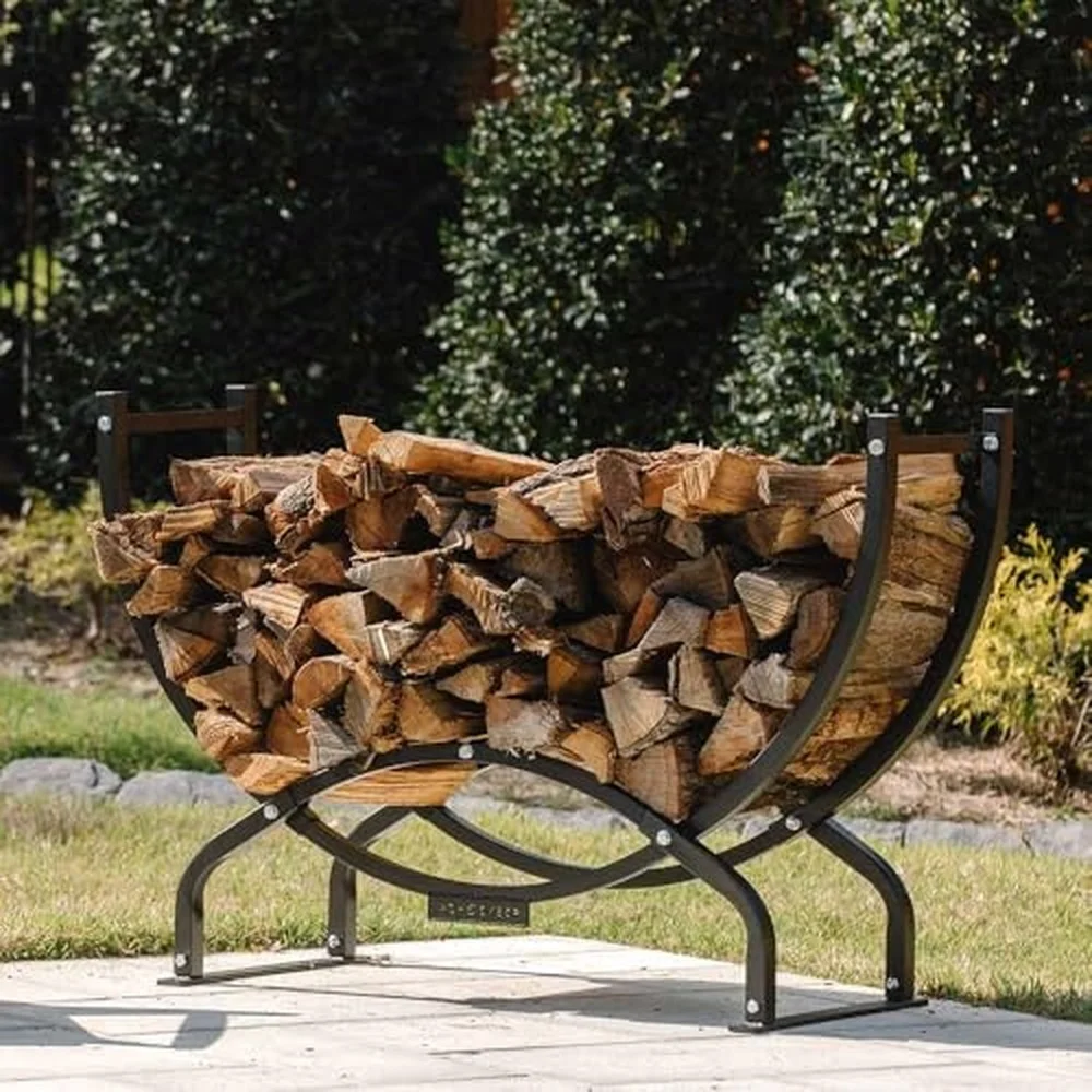 Ash & Ember 5 FT Crescent Firewood Rack Curved Two Level Design Durable Steel Tubing Outdoor Lumber Storage for Fire