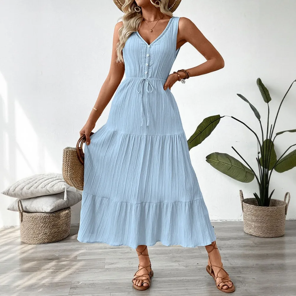 

Women Beige Deep Blue Light Blue Textured Sleeveless Tiered Maxi Dress V Neck Tie Waist Casual Elegant Dress Daily Wear Weekend