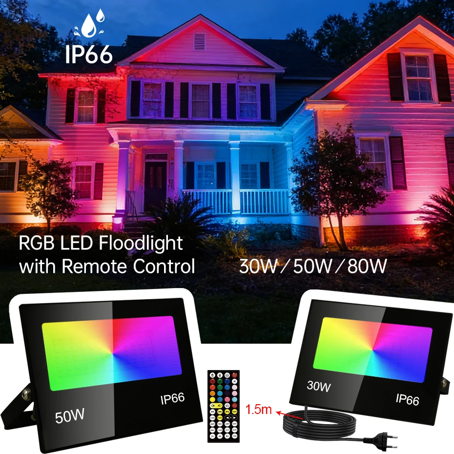 

220V/110V RGB LED Flood Light 30W 50W 80W IP66 Waterproof Outdoor Projector Spotlight with Remote Dimmable & EU US AU UK Plug