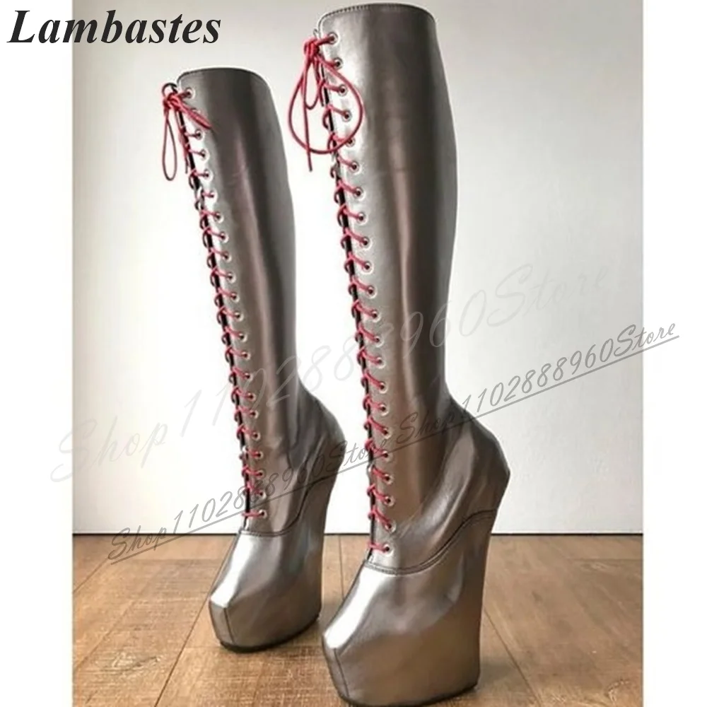 

Stylish Knee High Solid Platform Cross Tied Boots Strange Style Heel Shoes For Women Round Toe 2024 Fashion Zapatillas Mujer