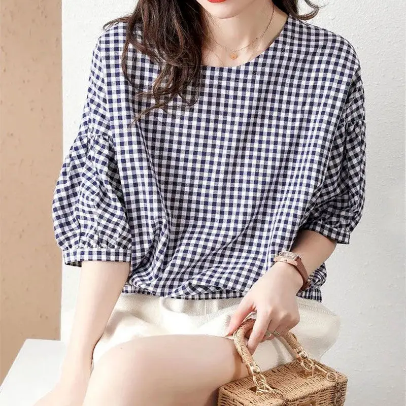 

Fashion T Shirts Women Summer All-match Plaid Five-point Sleeves T-shirt Round Neck Loose Casual Aesthetic Tops Womens Clothing