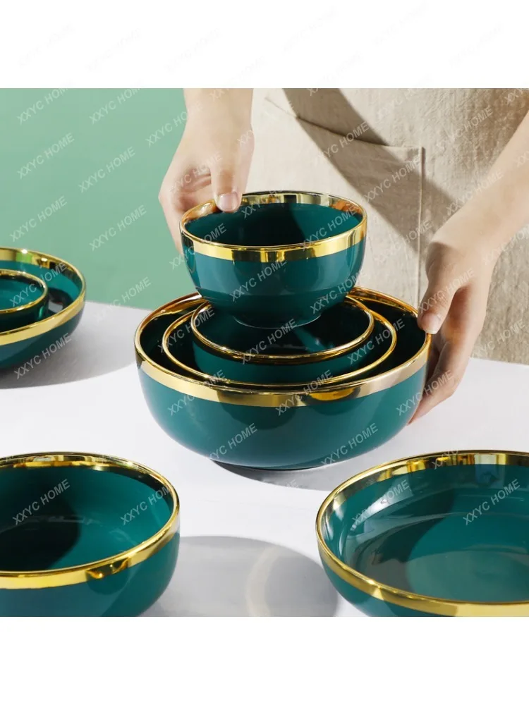 Bowl and Dish Set Household Ceramic Light Luxury Emerald Tableware Set High-End Bowls and Chopsticks Combination Bowl and Plate