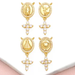 OCESRIO Boho White Crystal Cross Pendant for Necklaces Copper Gold Plated Virgin Mary Heart Jewelry Making Supplies pdtb464
