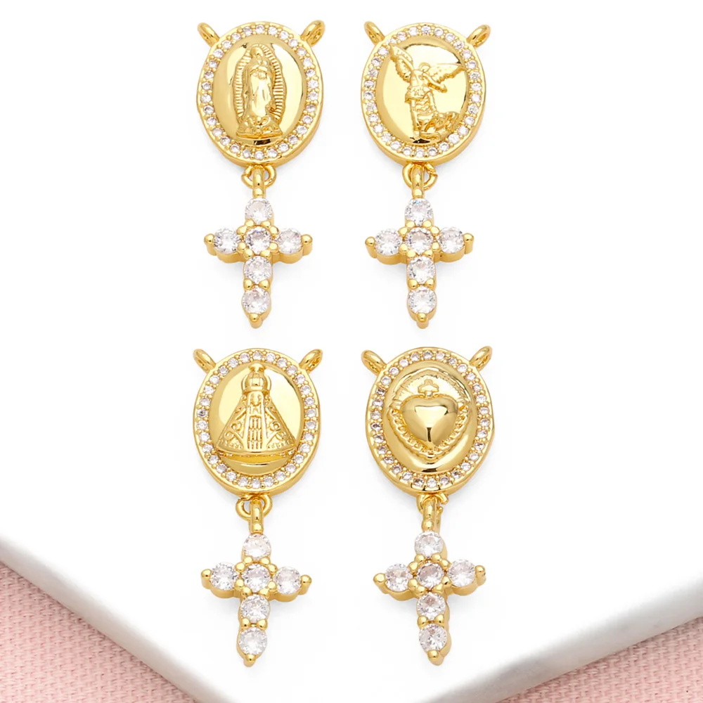 OCESRIO Boho White Crystal Cross Pendant For Necklaces Copper Gold Plated Virgin Mary Heart Jewelry Making Supplies Pdtb464