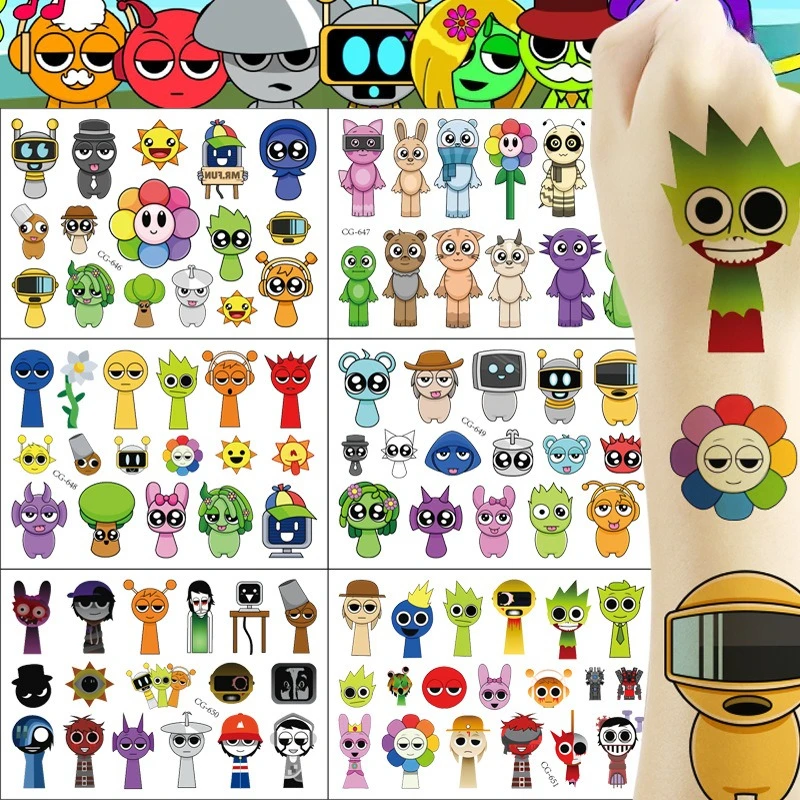 Incredibox Sprunki Tattoo Stickers Temporary Tattoos for Kids Birthday Party Supplies Favors Cute Tattoos Stickers