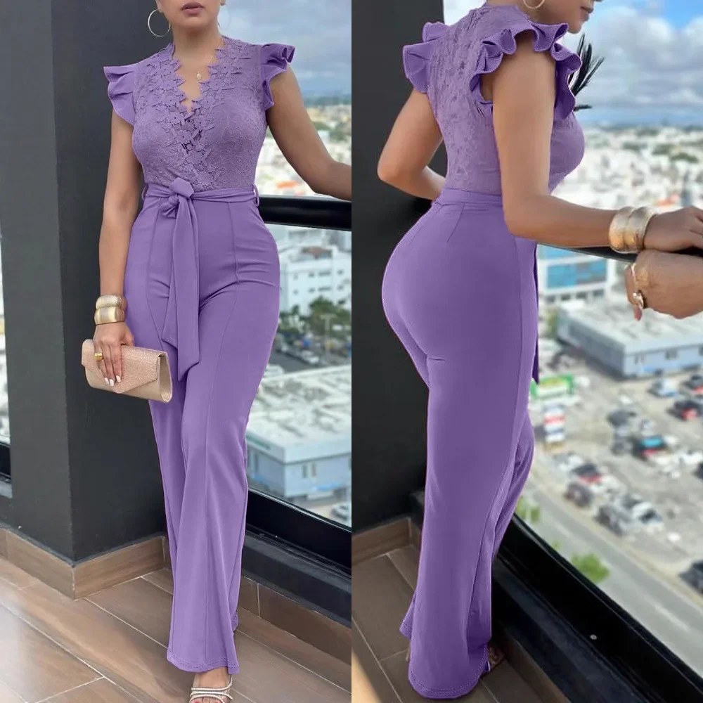 

Women Overall Pants V-neck Ruffle Tie Tight Jumpsuit High Waist Jumpsuits Solid Color Sleeveless