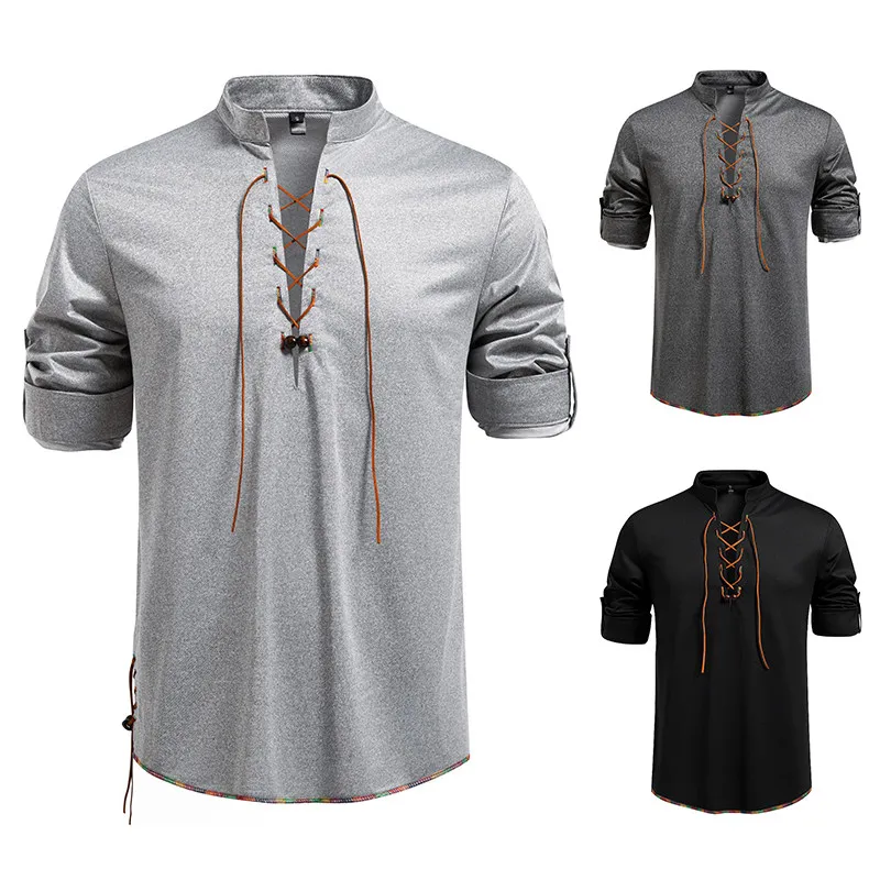 European Size 2026 New Drawstring Design Youth Long Sleeve Stand Collar Men's T-shirt Base Shirt Casual Style Four Seasons Un...