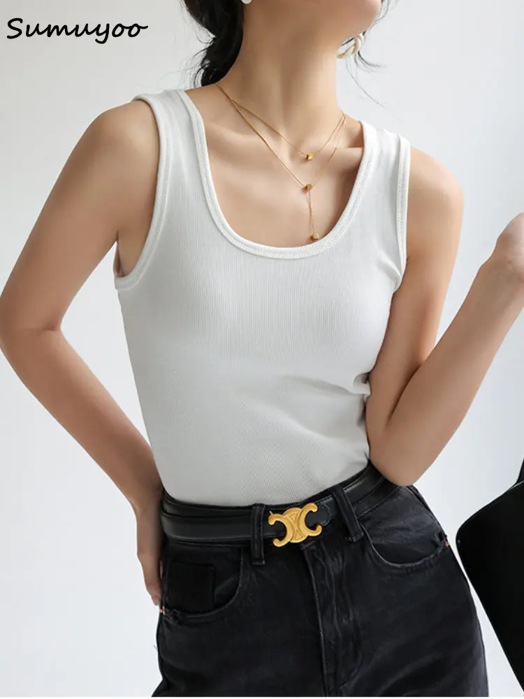 Sumuyoo Summer Ribbed Knitted Tank Tops Women Off Shoulder Crop Tops Basic Shirts Casual Suspender Sport Vest Slim Y2k Tops New