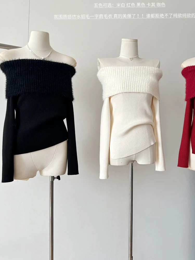 Autumn Winter Women Slash Neck Sweater Jumper Vintage Solid Color Knitwears 2000s Aesthetic Korean Designer Jerseys Old Money