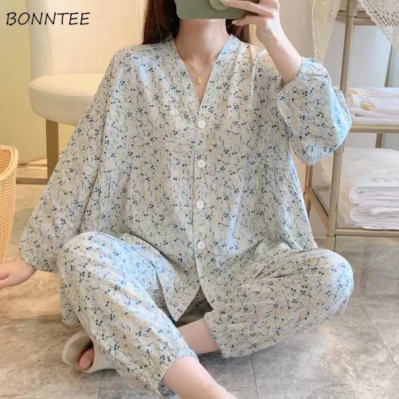 Pajama Sets Women Print Sweet Prairie Chic Spring Home Thin Breathable V-neck Casual Loose Tender Fashion Nightwear Simple