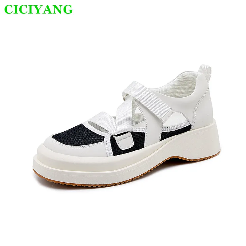 

CICIYANG Women's Casual Sports Sandals 2024 Summer New Chunky Platform Cutout Sandals Cowhide Sneakers Black White Small Size 33