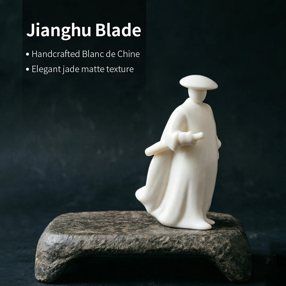 Blanc de Chine Swordsman Figurine, Minimalist Zen Oriental Statue Home Study Tea Room Art Decor Meaningful Gift 10.3cm