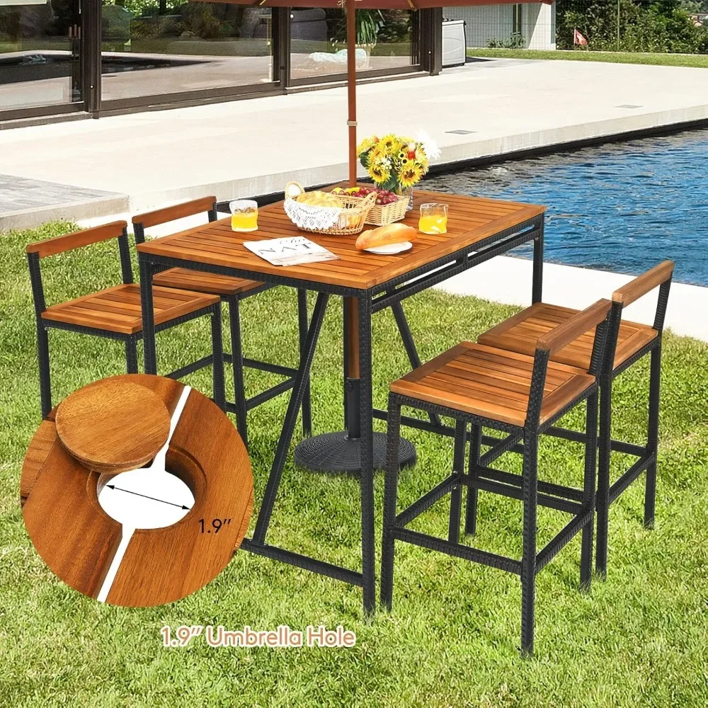 

5-Piece Outdoor Acacia Wood Bar Table Set, Bar Height Outdoor and Rattan Dining Set, Rectangular Bar Table with Umbrella Hole