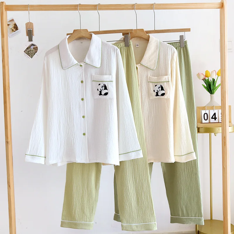 Lovely Panda Embroidered Pajamas For Women Spring Summer Long Sleeve Home Suit Loose Nightwear Female Crepe Cotton Sleepwear Set